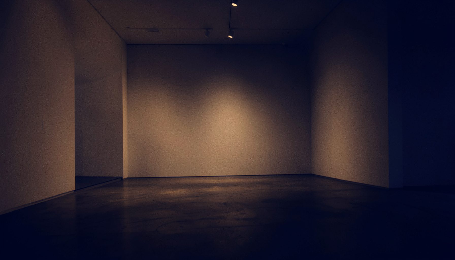 A softly lit gallery interior with warm amber and deep navy tones, duotone photograph with atmospheric shadows and open space
